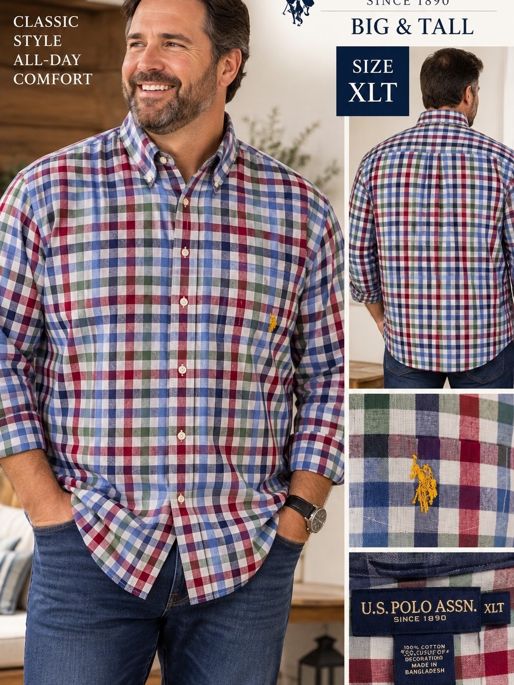 U.S. Polo Assn. Men's Big & Tall Plaid Button-Down Shirt - Blue/Red/Green XLT